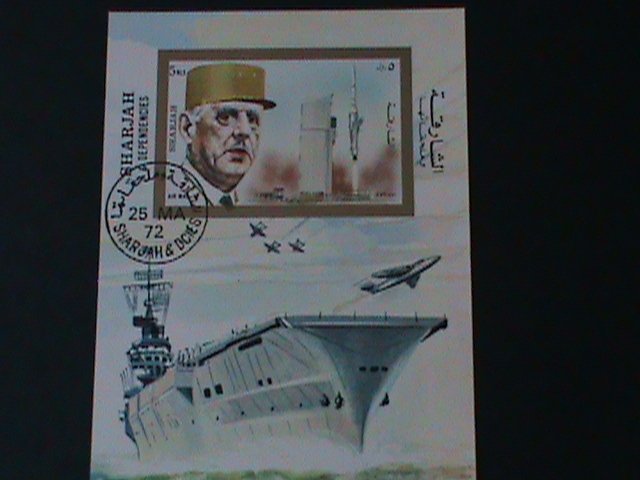 ​SHARJAH-1972- FAMOUS WAR SHIP OF FRANCE  CTO IMPERF-S/S FANCY CANCEL VF