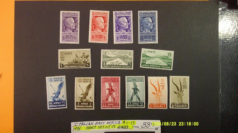 Italian East Africa 1938 Scott# 1-13 Mint Hinged VF-XF Short set of 13