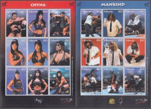 LIBERIA  # 036 (Unlisted) TWO S/S of 9 EA WRESTLERS MANKIND and CHYNA