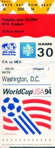 Sport. 1994 football. Race Ticket #30 Italy-Mexico (June 28).