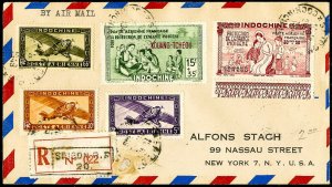 Indo China Stamps 1949 Flown Registered Cover to Alfon Stach Nassau St NY