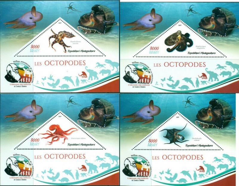 OCTOPUS MARINE FAUNA CHARLES DARWIN MADAGASCAR 2019 MNH STAMP SET 4 SHEETS