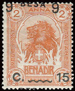 Somalia It. - Leoni 9 besa on c. 15 overprint moved