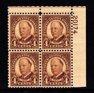 U.S. #685 4c Taft plate block. F-VF NH