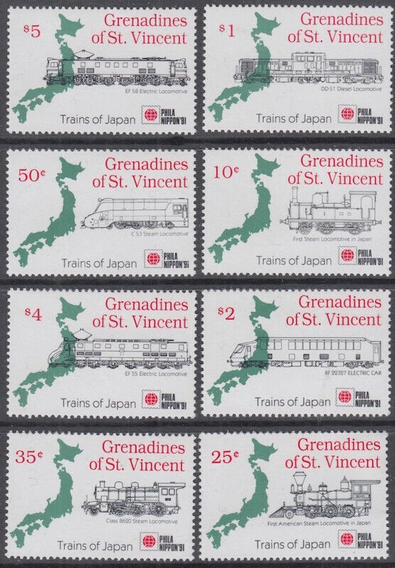 ST VINCENT GRENADINES Sc # 779-86 CPL MNH PHILANIPON  '91 VARIOUS TRAINS