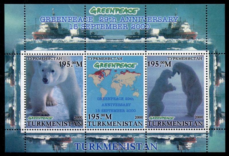 Turkmenistan 2000 MNH Greenpeace 3v M/S Arctic Animals Polar Bears Ships Stamps