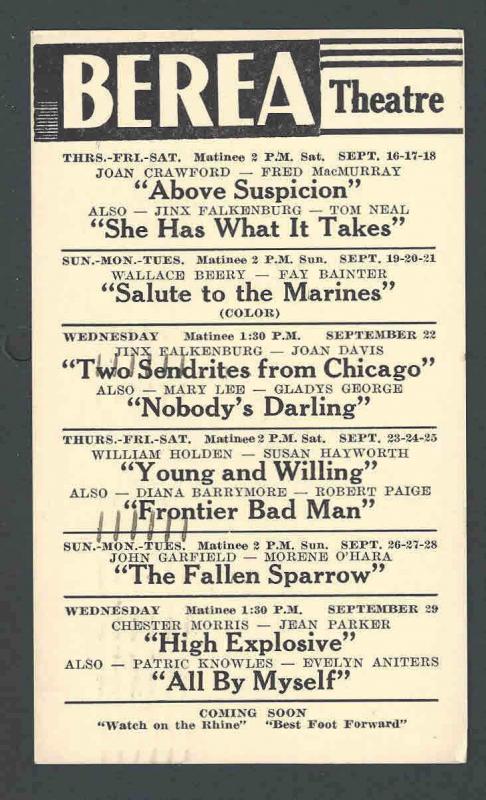 1943 BEREA THEATRE OH SHOWING ABOVE SUSPICION W/J CRAWFORD & F McMURRAY ETC