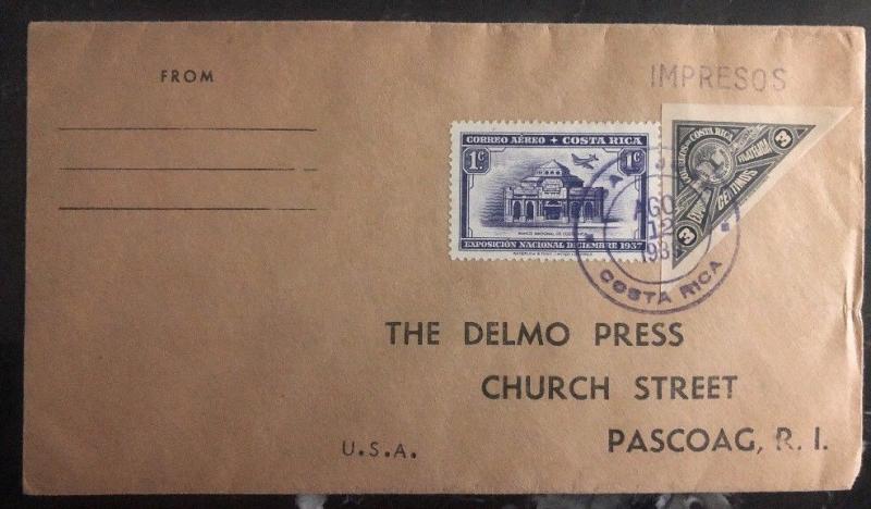 1939 San Juan Costa Rica  Cover To Delmo Press Pascoag RI USA