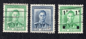 New Zealand 1938-41 1p, 3p & 1p on 1/2p George VI, Scott 262, 228C, 242 used