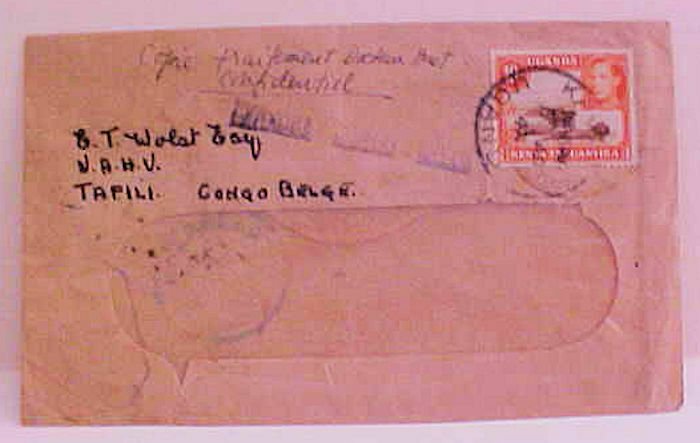 UGANDA 1943 KAMPALCA CENSORED B/S LUMU,MANGARA,D-MARADRA TO TAPILI