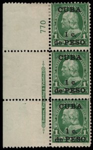 MALACK Cuba 221 F/VF OG Hr, Plate Strip of 3, nice and fresh k1963