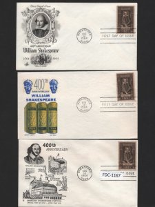 US FDC (1167), SC# 1250 William Shakespeare, three different cachet FDC