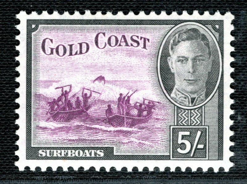 GOLD COAST KGVI SG.145 5s High Value (1948) SURF-BOAT Mint MNH Cat £45+2RBLUE127