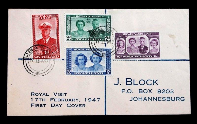 STAMPS SWAZILAND SC# 44-47 FDC 1947 ROYAL VISIT TO JOHANNESBURG S. AFRICA