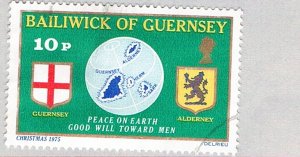 Guernsey 129 Used Guernsey Flag Globe and Alderney Shield 1 1975 (BP75921)