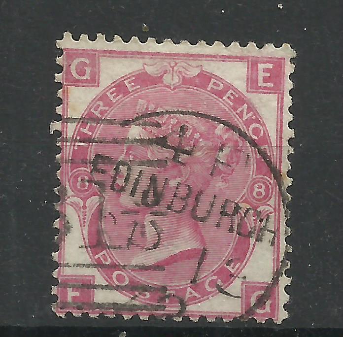 1867/80 Sg 103, 3d Rose (EG) Plate 8 with Fine CDS, Fine used.