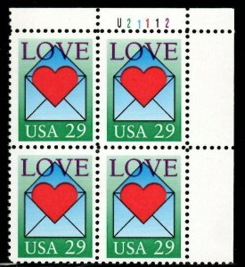 1992 USA Love Letter Plate Block Of 4 29c Postage Stamps, Sc# 2618, MNH, OG