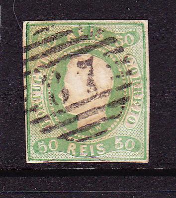 PORTUGAL 1866 50r YELLOW GREEN IMPERF  FU Sc 21