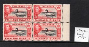 FALKLAND ISLANDS 1937/52 values, Blocks of fours verified and Unmounted.