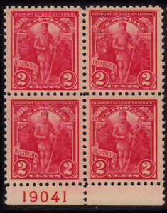 United States #643, Bennington block of 4, MNH