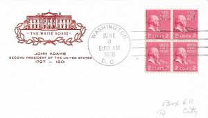 #806 Prexie FDC, 2c John Adams, House of Farnam cachet, block of 4