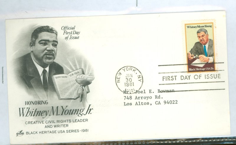 US 1875 1981 15c Whitney Moore Young FDC, art craft cachet