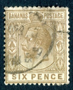 Bahamas 1912 KGV. 6d bistre brown. Used. MC CA. SG86.