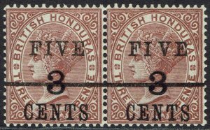 BRITISH HONDURAS 1891 QV FIVE CENTS ON 3C ON 3D VARIETY WIDE SPACING