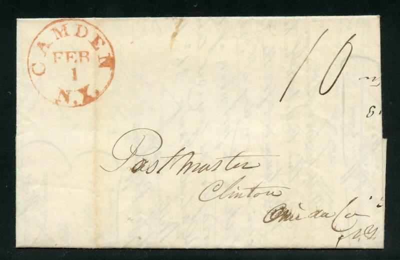 UNITED STATES 1843 RED CAMDEN NY CANCEL   STAMPLESS  COVER  LEGAL LETTER