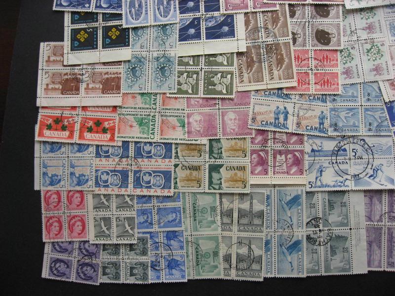 Canada 63 used 1950-73 era used blocks of 4, duplicates?,mixed condition.