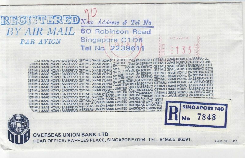 Singapore 1980 Overseas Union Bank Ltd Registered Airmail Stamp Cover Ref 29739 