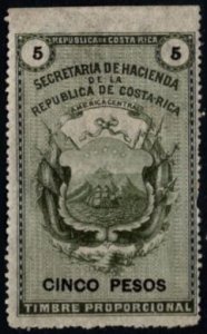 1882 Costa Rica Revenue 5 Pesos Coats of Arms General Tax Duty Unused