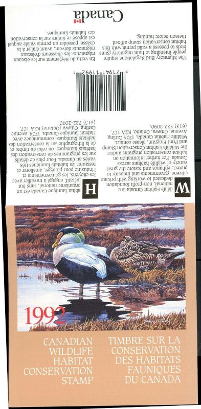 CANADA 1992 DUCK STAMP ARTIST SIGNED IN FOLDER AS ISSUED COMMON EIDERS CARTER