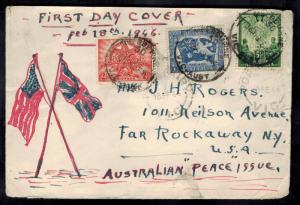 1946  Melbourne Australia Peace Issue FDC first day cover to USA Hand Drawn Flag