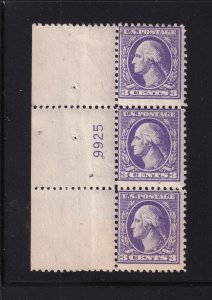 1918 Sc 530 3c purple MNH OG plate number strip of 3 (plate block CV $55) (A7