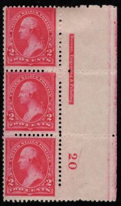 US #250 PLATE STRIP OF 3, SCV $250.00 VF+ mint never hinged bottom two, hinge...