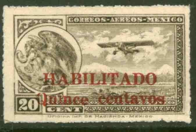 MEXICO C39, 15c on 20c Early Air Mail Habilitado surcharge. MINT, NH. F-VF.