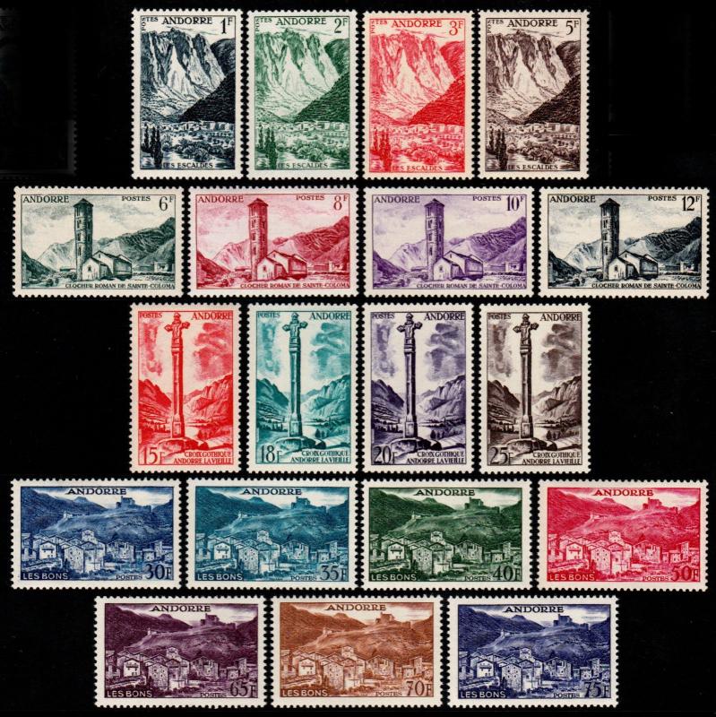 ✔️ FRENCH ANDORRA 1955 - LANDSCAPES TOP SET - SC. 124/142 MNH OG ** [TS002]