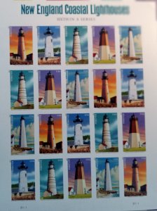 US# 4791--95, New England Coastal Lighthouses, sheet of 20 4-ever stamps (2013)