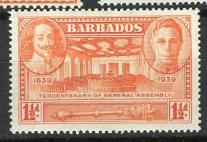 BARBADOS; 1939 early GVI Tercentenary issue Mint hinged 1.5d. value