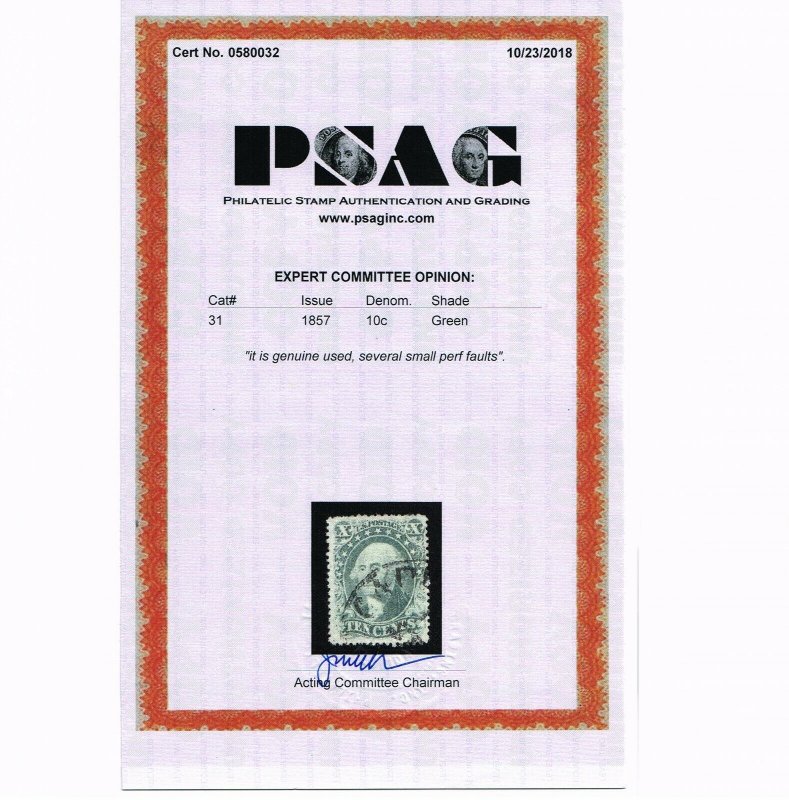 EXCEPTIONAL GENUINE SCOTT #31 F-VF USED PSAG CERT 1857 GREEN TYPE-I TOWN CANCEL