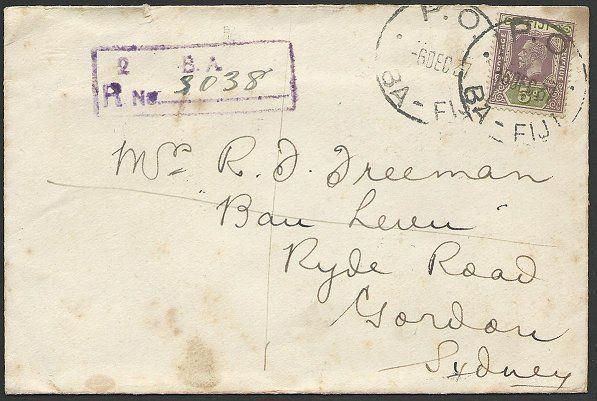 FIJI 1937 GV 5d on registered cover PO BA cds to Australia.................47205