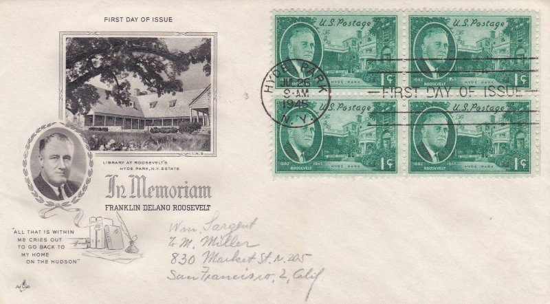 #930 FDC, 1c Franklin D. Roosevelt, Art Craft cachet, block of 4