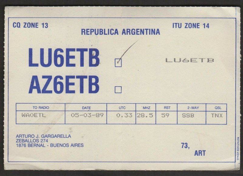 QSL CARD Arturo J. Gargapella,LU6ETB,89,Buenos Aires Argentina(Q4517)