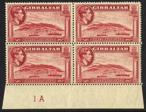 Gibraltar SG123 1 1/2d Carmine Perf 14 U/M Plate Block Cat 140+++ pounds