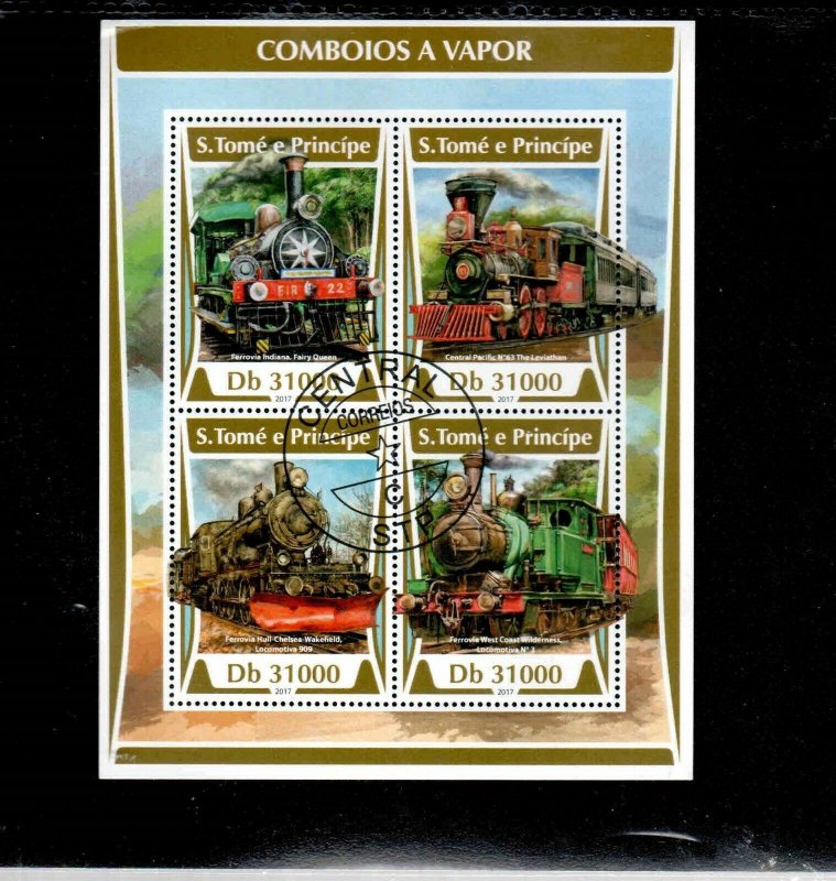 ST. THOMAS & PRINCE 2017 LOCOMOTIVES TRAINS MINT VF NH O.G S/S CTO (STT2)