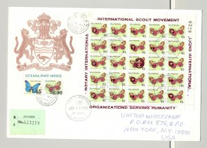 Guyana 1989 10¢ Butterflies M/S of 25 Red o/p on Registered Commercial Cover