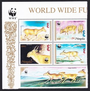 Mongolia WWF Saiga T1 Block of 4 WWF Logo 1995 MNH SC#2209-2212