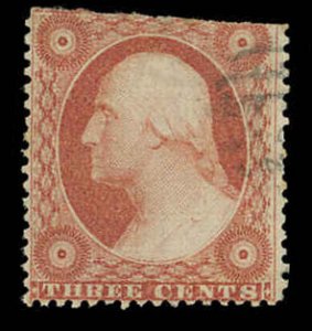 US Sc 26 F USED - 1857 3¢ Washington Pf 15½ Type III - Trimmed at top-O/W Sound