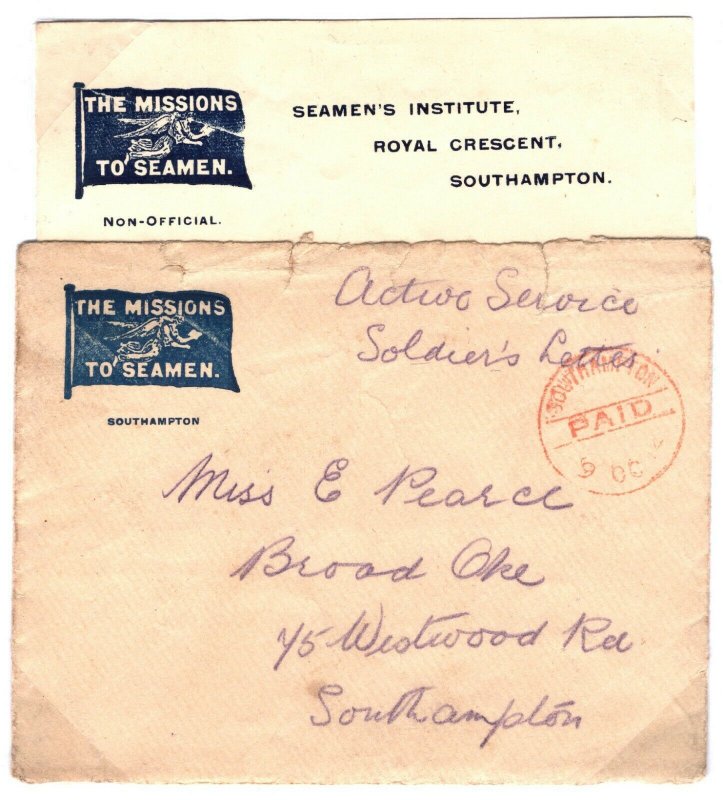 GB WW1 Hants NAVAL Cover Southampton Seamen's Institute Contents 1914 63.16